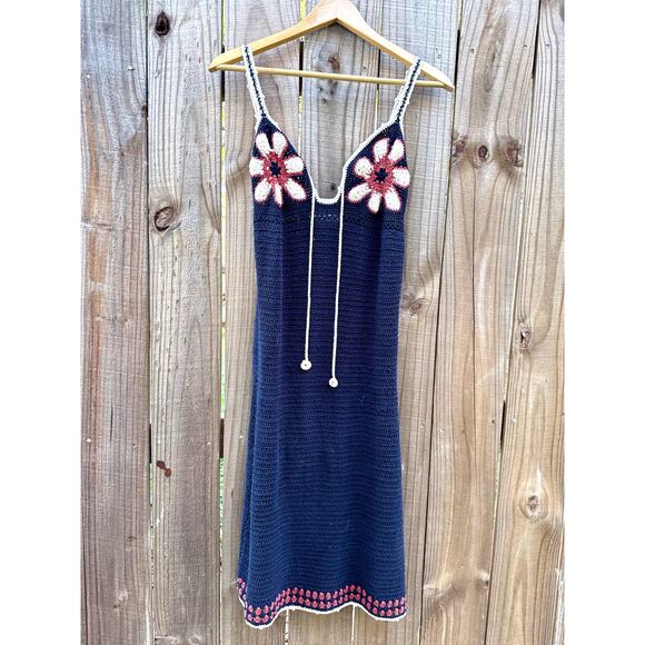 Midnight Daisy Crochet Slip — Festival Dress, Navy Handknit Crochet - Picture 2 of 9
